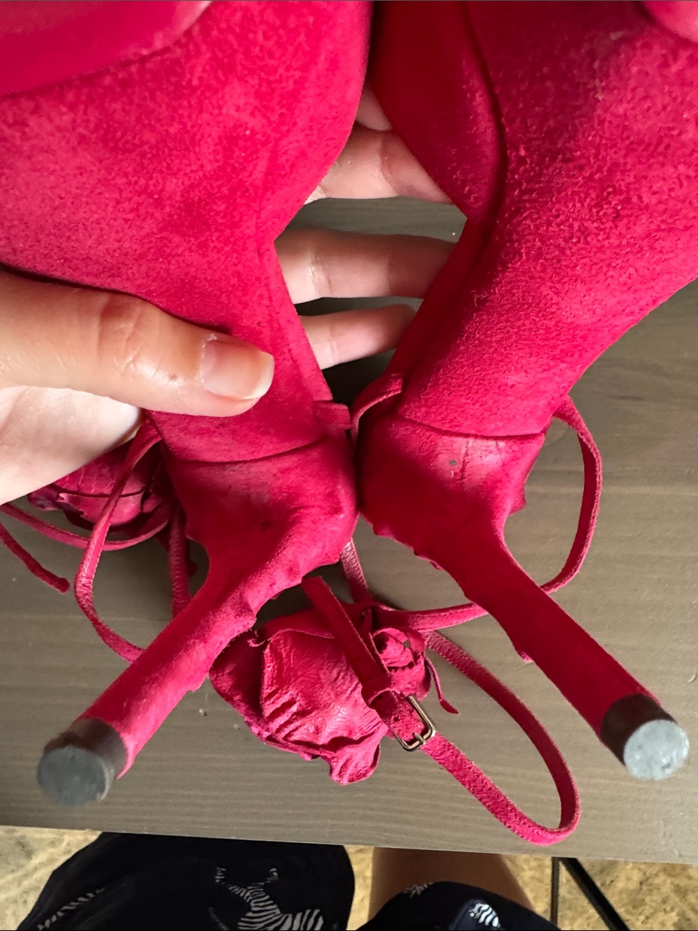 Saint Laurent Red Suede Peep-Toe Stiletto Sandals with Rosette - Picture 9 of 12